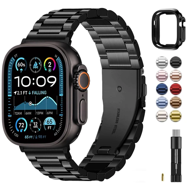 Main image of Metal Band with Case for Apple Watch 49/46/45/44/42mm | Stainless Steel Strap for Men Women, Fits iWatch Bands Ultra 3 2 1 Series 11 10 9 8 7 6 5 4 SE Professional Office Black
