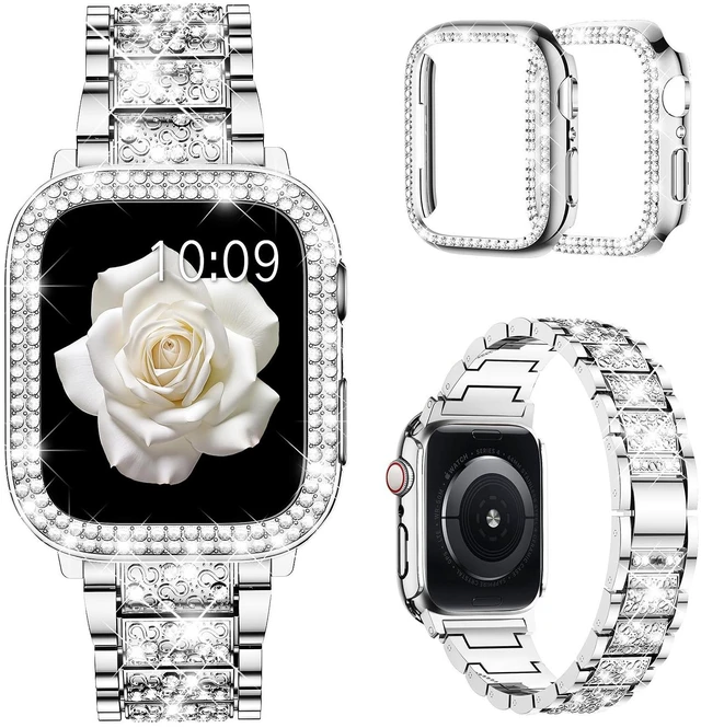 Main image of Bling Bands for Apple Watch Women and 2P 44mm Case-Silver | Shiny Metal Replacement Band with Bling PC Protective Cover for iwatch Series SE 6/5/4 44mm; Comfortable for daily wear