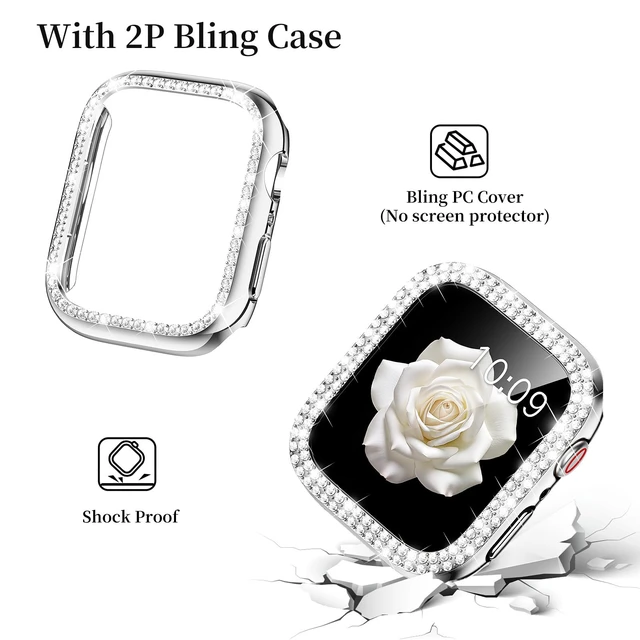 Alt view image 5 of 7 - Bling Bands for Apple Watch Women and 2P 44mm Case-Silver | Shiny Metal Replacement Band with Bling PC Protective Cover for iwatch Series SE 6/5/4 44mm; Comfortable for daily wear