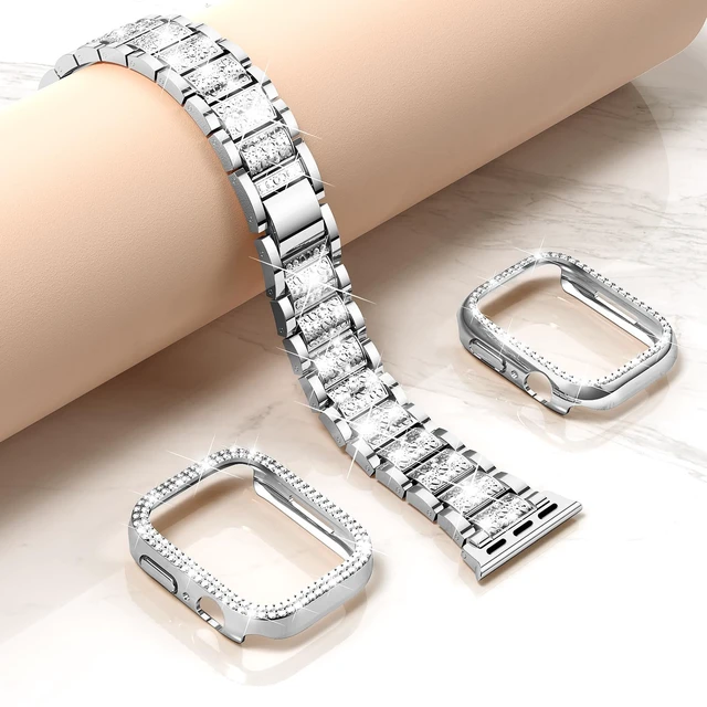 Alt view image 4 of 7 - Bling Bands for Apple Watch Women and 2P 44mm Case-Silver | Shiny Metal Replacement Band with Bling PC Protective Cover for iwatch Series SE 6/5/4 44mm; Comfortable for daily wear