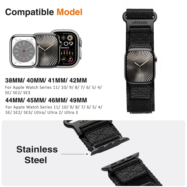 Alt view image 4 of 7 - Rugged Nylon Band Compatible with Apple Watch Ultra 3/2/1 (49mm), Series 11/10/9/8/7/6/5/4 & SE3/SE2/SE (46mm 45mm 44mm), Tactical Sports Strap for Men (L, Black)