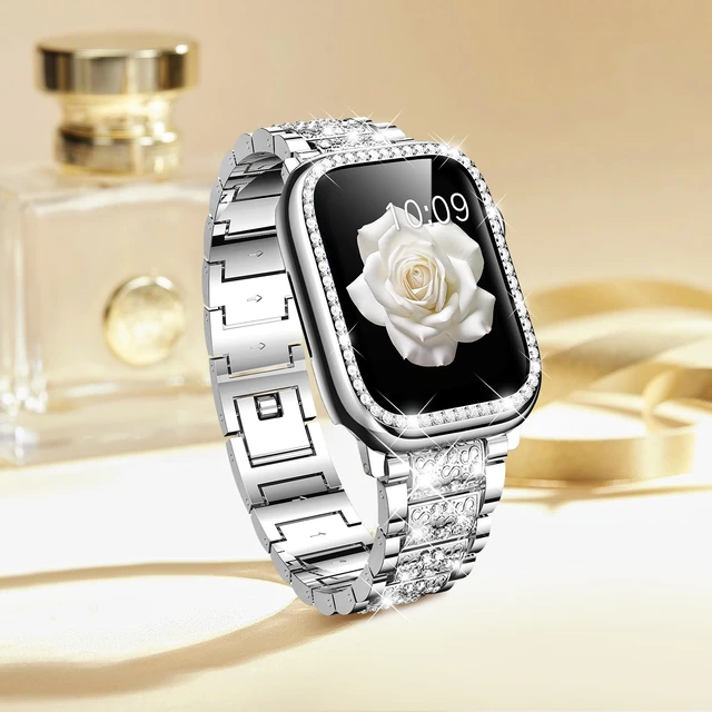 Alt view image 7 of 7 - Bling Bands for Apple Watch Women and 2P 44mm Case-Silver | Shiny Metal Replacement Band with Bling PC Protective Cover for iwatch Series SE 6/5/4 44mm; Comfortable for daily wear