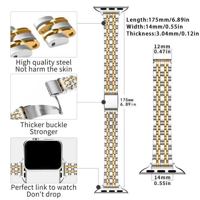 Alt view image 3 of 6 - Gold Apple Watch Band Compatible with Apple Watch 41mm 45mm 42mm 44mm 40mm 38mm Metal stainless steel Watchband suitable for iWatch 9/8/7/6/5/4/3/2/1/SE series Women Luxury strap (38mm 40mm