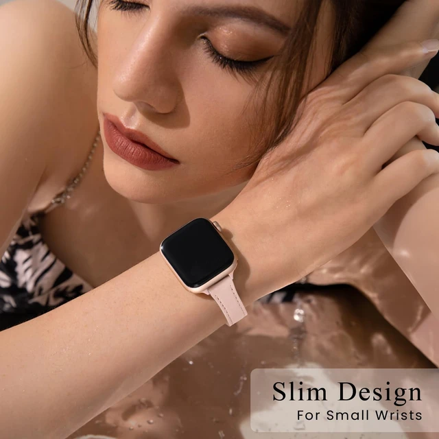 Alt view image 2 of 7 - Slim Leather Bands Compatible with Apple Watch Band 38mm 40mm 42mm 44mm, Top Grain Leather Watch Thin Wristband for iWatch SE Series 6/5/4/3/2/1 (Pale pink with Rose Gold, 38mm/40mm)