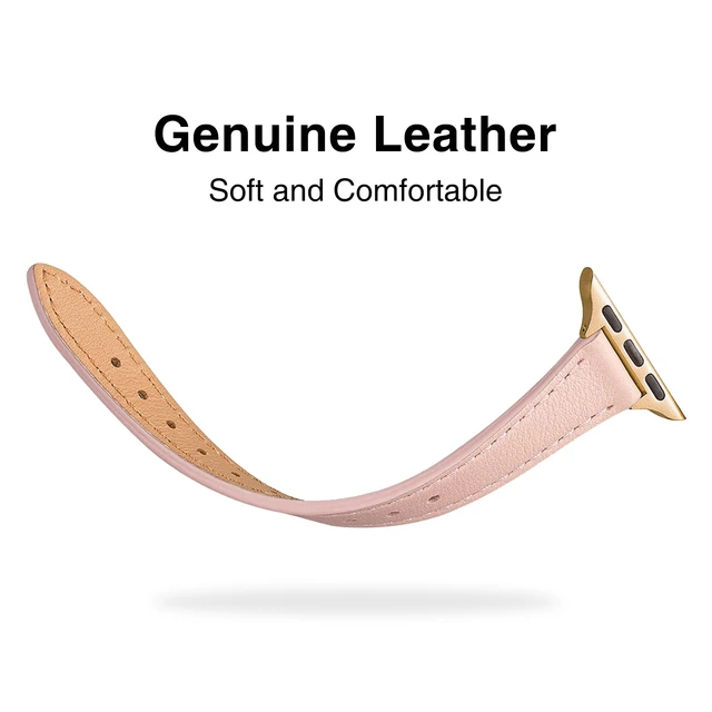 Alt view image 3 of 7 - Slim Leather Bands Compatible with Apple Watch Band 38mm 40mm 42mm 44mm, Top Grain Leather Watch Thin Wristband for iWatch SE Series 6/5/4/3/2/1 (Pale pink with Rose Gold, 38mm/40mm)