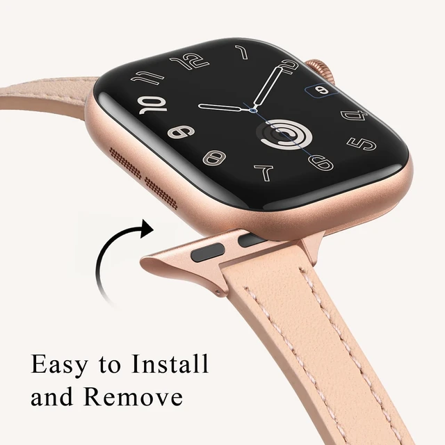Alt view image 4 of 7 - Slim Leather Bands Compatible with Apple Watch Band 38mm 40mm 42mm 44mm, Top Grain Leather Watch Thin Wristband for iWatch SE Series 6/5/4/3/2/1 (Pale pink with Rose Gold, 38mm/40mm)