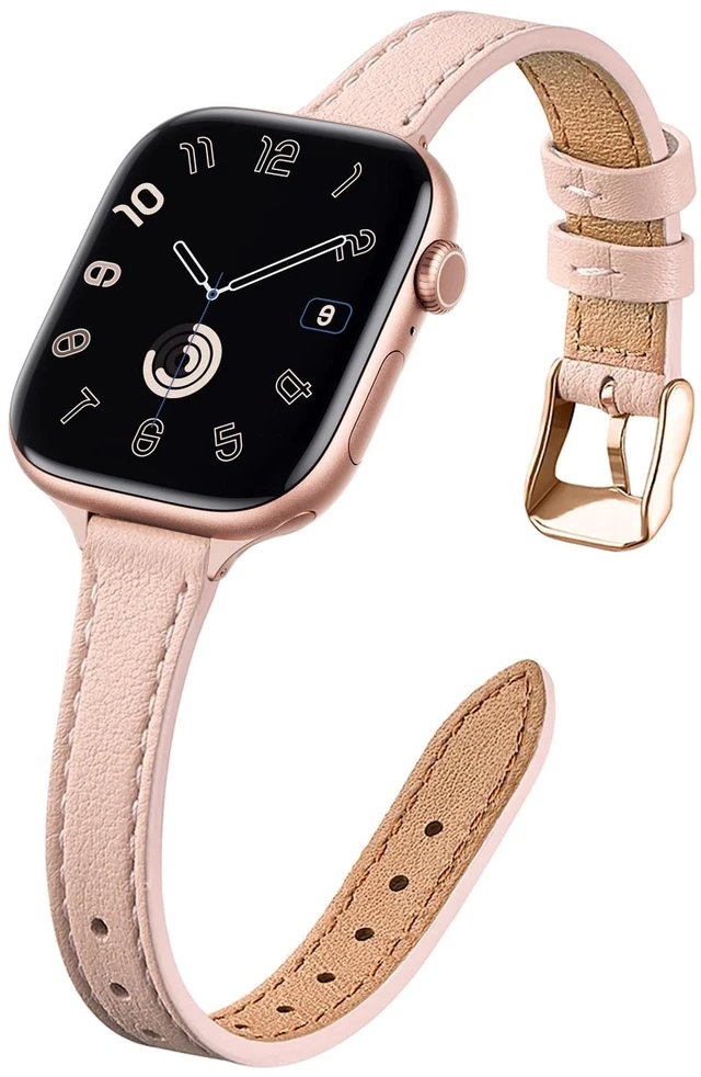 Main image of Slim Leather Bands Compatible with Apple Watch Band 38mm 40mm 42mm 44mm, Top Grain Leather Watch Thin Wristband for iWatch SE Series 6/5/4/3/2/1 (Pale pink with Rose Gold, 38mm/40mm)