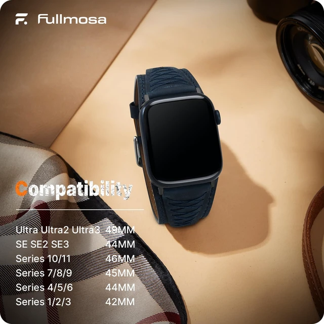 Alt view image 5 of 6 - Band for Apple Watch 49/46/45/44/42/41/40/38mm | Fits iWatch Series 11 10 9 8 7 6 5 4 3 2 1 Ultra SE ,Top Grain Leather Replacement Strap for Men Classic Dark Blue&Black
