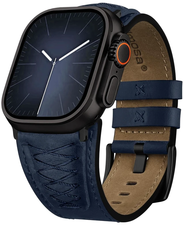 Main image of Band for Apple Watch 49/46/45/44/42/41/40/38mm | Fits iWatch Series 11 10 9 8 7 6 5 4 3 2 1 Ultra SE ,Top Grain Leather Replacement Strap for Men Classic Dark Blue&Black