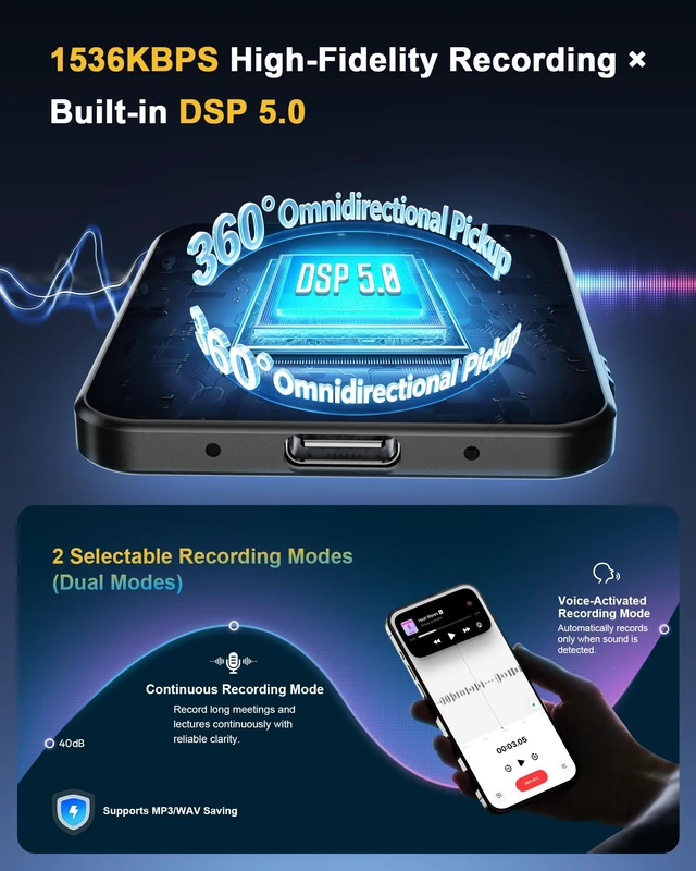 Alt view image 5 of 7 - 132GB (9800Hour) Digital Voice Activated Recorder, Double-Sided Magnetic Audio Recorder with Playback, USB-C Voice Recorder with AI Noise Reduction, MP3 Listening Devices, 70H Continuous for Lectures