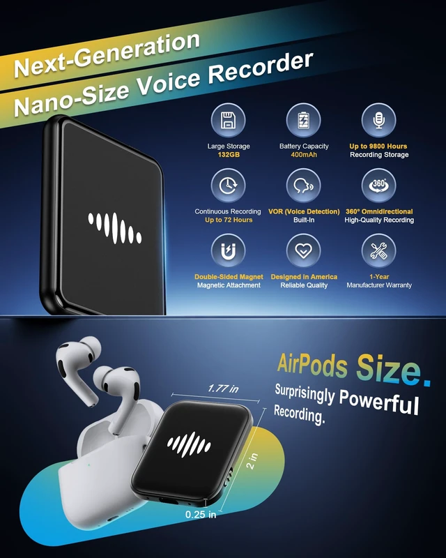 Alt view image 4 of 7 - 132GB (9800Hour) Digital Voice Activated Recorder, Double-Sided Magnetic Audio Recorder with Playback, USB-C Voice Recorder with AI Noise Reduction, MP3 Listening Devices, 70H Continuous for Lectures