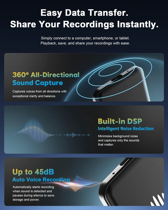 Alt view image 7 of 7 - 132GB (9800Hour) Digital Voice Activated Recorder, Double-Sided Magnetic Audio Recorder with Playback, USB-C Voice Recorder with AI Noise Reduction, MP3 Listening Devices, 70H Continuous for Lectures