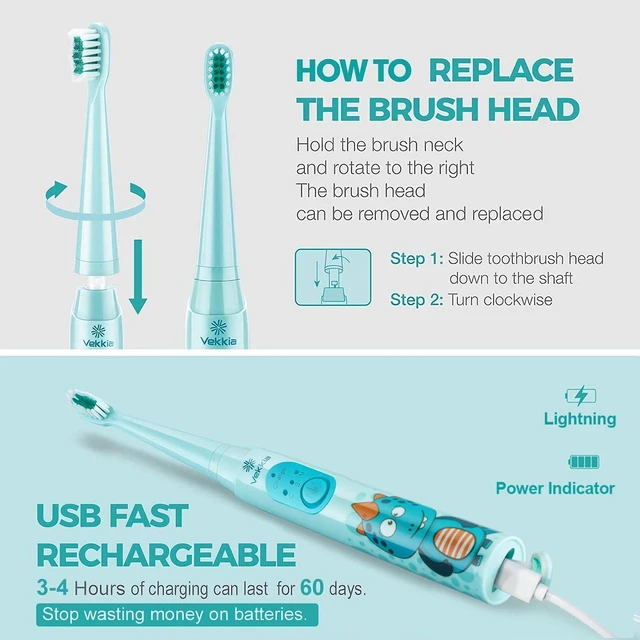 Alt view image 5 of 7 - Sonic Rechargeable Kids Electric Toothbrush(Blue) | 3 Modes with Memory/Fun & Easy Cleaning/24000 Strokes, IPX7 Waterproof, 2-Min Timer for Age 5+/4 Soft Bristles