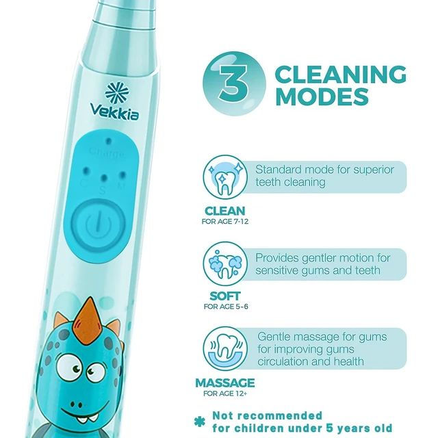 Alt view image 4 of 7 - Sonic Rechargeable Kids Electric Toothbrush(Blue) | 3 Modes with Memory/Fun & Easy Cleaning/24000 Strokes, IPX7 Waterproof, 2-Min Timer for Age 5+/4 Soft Bristles