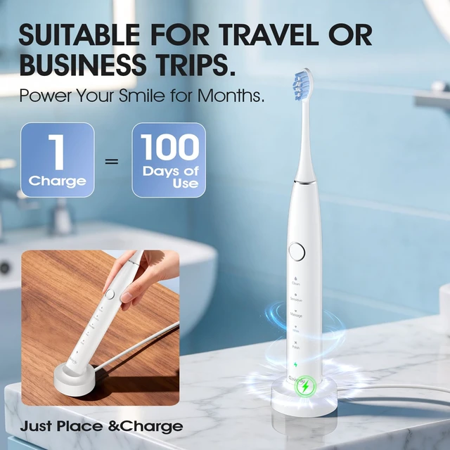 Alt view image 5 of 7 - Sonic Electric Toothbrush, 42000 VPM Toothbrush with 6 Brush Heads & Travel Case, 5 Modes with 2 Minutes Built in Smart Timer, Wireless Charging, 100-Day Battery Life for Home Travel, White
