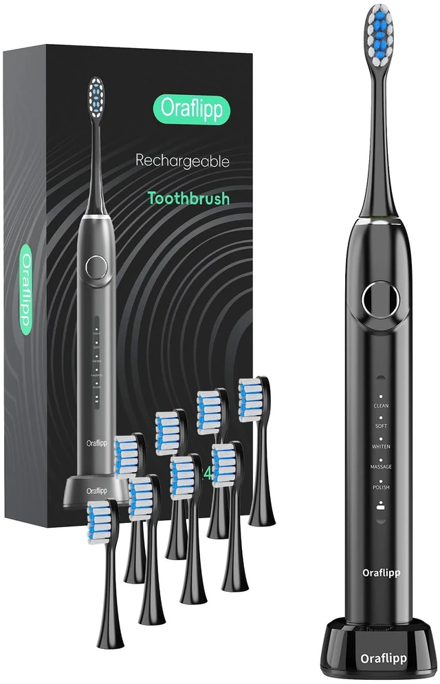 Main image of Sonic Electric Toothbrush - 40,000 VPM Power Toothbrush with 5 Modes, Smart Timer & Mode Memory, IPX7 Waterproof, 30 Days Battery Life with Inductive Charger, 8 Brush Head (Black)