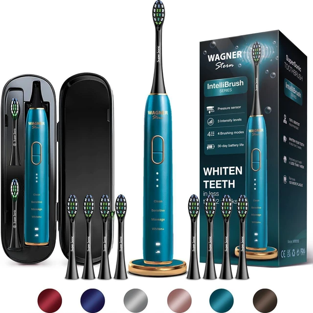 Main image of IntelliBrush Series Whitening Electric Toothbrush with Pressure Sensor. Offers 4 Brushing Modes, 3 intensities, 8 Soft Brush Heads, and a Luxury Travel case.