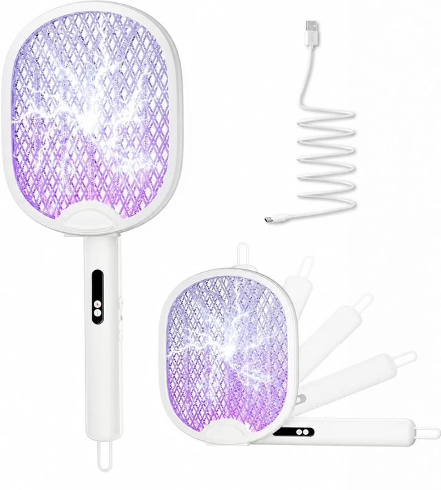 Main image of 2 in 1 Electric Fly Swatter 4000V, Bug Zapper Racket, White | 1800mAh, dual modes, 5-layer mesh, 180° foldable, blue light, USB-A to USB-C cable, for home, kitchen, patio, camping
