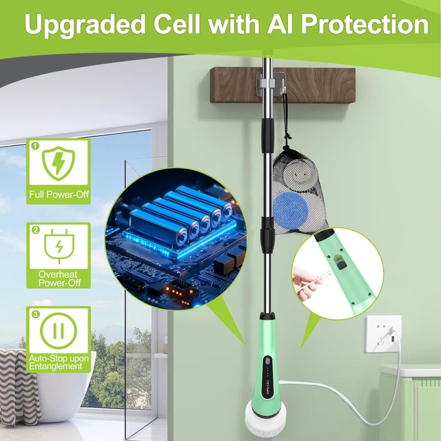 Alt view image 5 of 7 - Electric Spin Scrubber, Cordless Shower Cleaner Brush for Bathroom | 10in1 Shower Scrubber with Extendable Handle, Variable Speed, 44lbs HighTorque for Bathtub, Toilet, Kitchen , Tile Floors