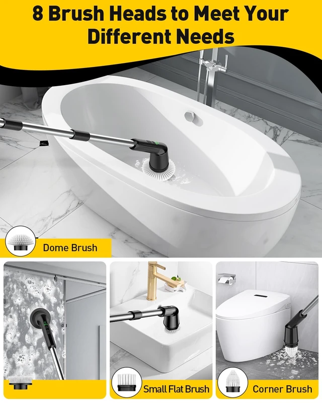 Alt view image 4 of 7 - Electric Spin Scrubber for Bathroom, Shower Scrubber with Long Handle | Shower Cleaner Brushes, IPX7 Waterproof & 2 Speed, 8 Brush Heads, 90min Runtime, Bathroom Cleaning Supplies for Toilet Tub