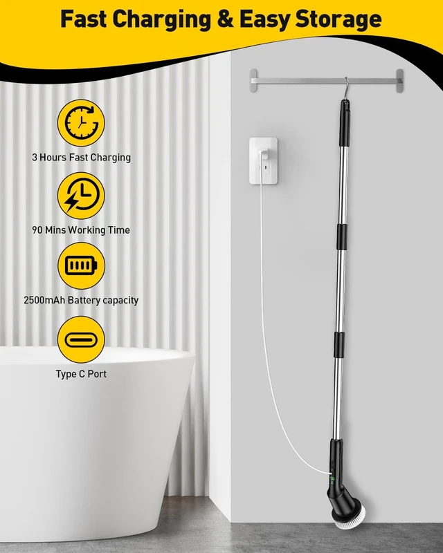 Alt view image 7 of 7 - Electric Spin Scrubber for Bathroom, Shower Scrubber with Long Handle | Shower Cleaner Brushes, IPX7 Waterproof & 2 Speed, 3 Brush Heads, 90min Runtime, Bathroom Cleaning Supplies for Toilet Tub