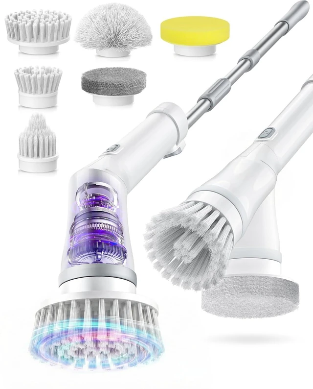 Main image of 6-in-1 Cordless Electric Spin Scrubber with Long Handle | Power scrubber, bathroom scrubber, 47.2 in long handle, 2 speed scrub brush, IPX7 rated body, kitchen, tile, tub, floor