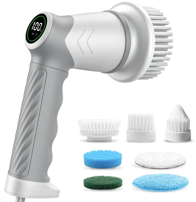 Main image of Electric Spin Scrubber, Power Bathroom Scrubber Cleaning Brush | LED Display, 7 Replaceable Heads, 2 Speed, IPX7 Waterproof, Handheld Power Scrubber for Shower, Tub, Tile & Sink Grout