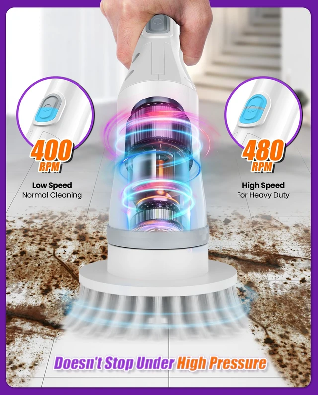 Alt view image 2 of 7 - 6-in-1 Cordless Electric Spin Scrubber with Long Handle | Power scrubber, bathroom scrubber, 47.2 in long handle, 2 speed scrub brush, IPX7 rated body, kitchen, tile, tub, floor