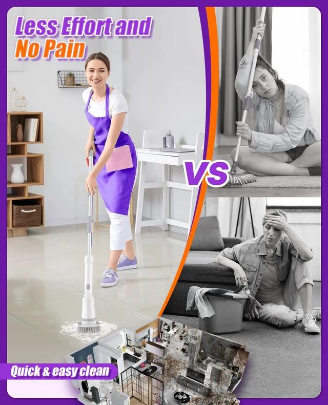 Alt view image 3 of 7 - 6-in-1 Cordless Electric Spin Scrubber with Long Handle | Power scrubber, bathroom scrubber, 47.2 in long handle, 2 speed scrub brush, IPX7 rated body, kitchen, tile, tub, floor