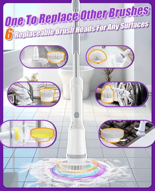 Alt view image 4 of 7 - 6-in-1 Cordless Electric Spin Scrubber with Long Handle | Power scrubber, bathroom scrubber, 47.2 in long handle, 2 speed scrub brush, IPX7 rated body, kitchen, tile, tub, floor