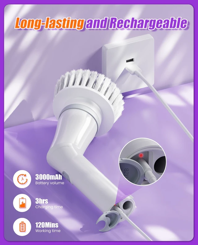Alt view image 6 of 7 - 6-in-1 Cordless Electric Spin Scrubber with Long Handle | Power scrubber, bathroom scrubber, 47.2 in long handle, 2 speed scrub brush, IPX7 rated body, kitchen, tile, tub, floor