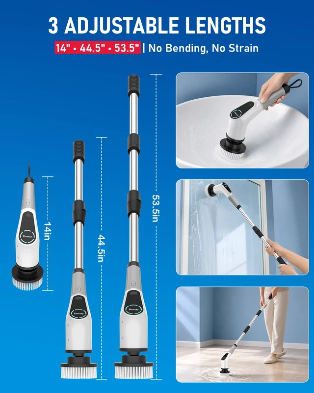 Alt view image 3 of 7 - Electric Spin Scrubber, Extendable Handle, 8 Brush Heads-WH | 90-minute long runtime, Type-C fast charging, multi-scene cleaning tool for shower, bathtub, tile and bathroom scrubbing