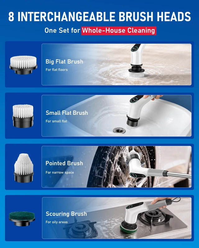 Alt view image 4 of 7 - Electric Spin Scrubber, Extendable Handle, 8 Brush Heads-WH | 90-minute long runtime, Type-C fast charging, multi-scene cleaning tool for shower, bathtub, tile and bathroom scrubbing