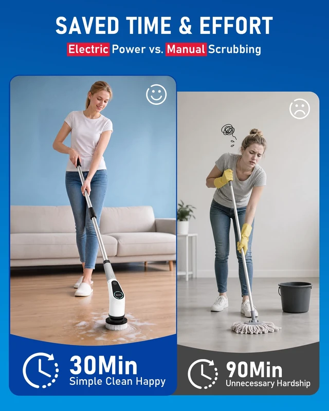Alt view image 7 of 7 - Electric Spin Scrubber, Extendable Handle, 8 Brush Heads-WH | 90-minute long runtime, Type-C fast charging, multi-scene cleaning tool for shower, bathtub, tile and bathroom scrubbing