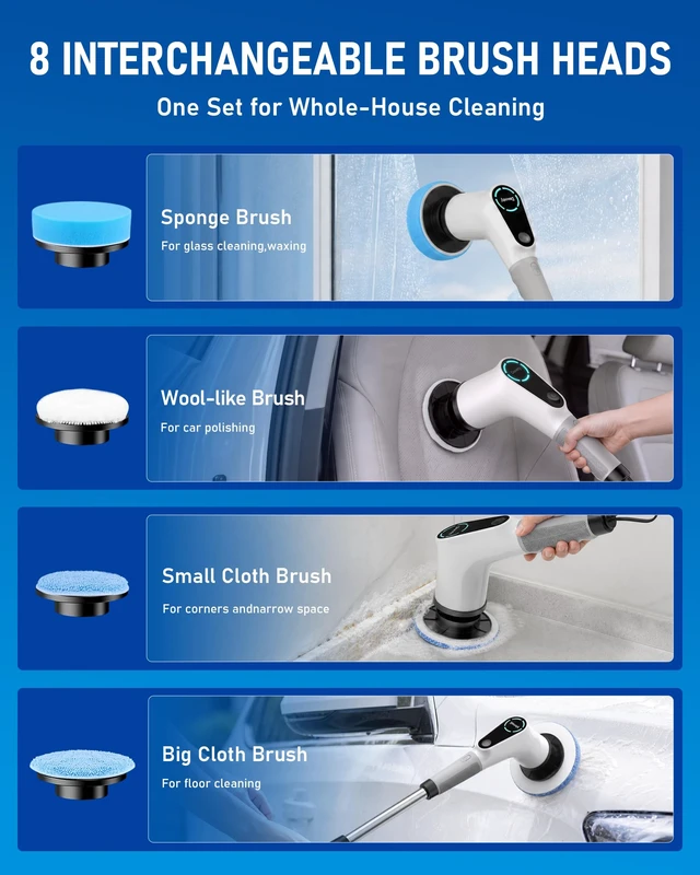 Alt view image 5 of 7 - Electric Spin Scrubber, Extendable Handle, 8 Brush Heads-WH | 90-minute long runtime, Type-C fast charging, multi-scene cleaning tool for shower, bathtub, tile and bathroom scrubbing