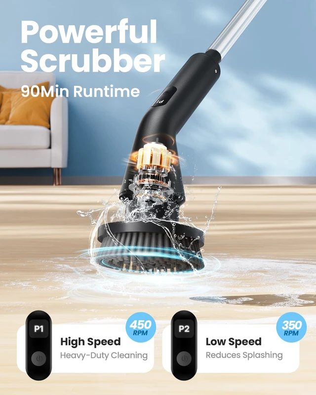 Alt view image 2 of 7 - Electric Spin Scrubber, Upgraded IPX7 Cordless Cleaning Brush for Bathroom Shower, Household Cleaning Scrubber with 7 Brush Heads, Adjustable Long Handle and 2 Rotating Speeds for Tub Floor