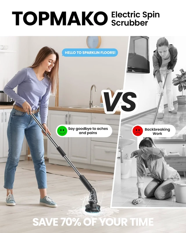 Alt view image 7 of 7 - Electric Spin Scrubber, Upgraded IPX7 Cordless Cleaning Brush for Bathroom Shower, Household Cleaning Scrubber with 7 Brush Heads, Adjustable Long Handle and 2 Rotating Speeds for Tub Floor
