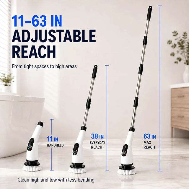 Alt view image 2 of 7 - Electric Spin Scrubber,2026 Upgraded Cordless Power Scrubber for Bathroom | High Torque Motor, 8 Brush Heads, 3 Speeds, Long Handle, IPX7 Waterproof, 120 Min Runtime for Shower, Tile & Grout Cleaning