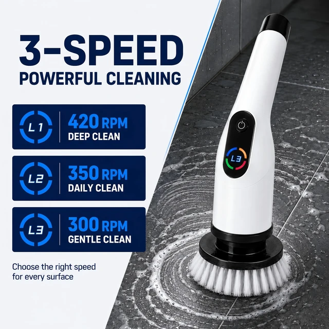 Alt view image 3 of 7 - Electric Spin Scrubber,2026 Upgraded Cordless Power Scrubber for Bathroom | High Torque Motor, 8 Brush Heads, 3 Speeds, Long Handle, IPX7 Waterproof, 120 Min Runtime for Shower, Tile & Grout Cleaning