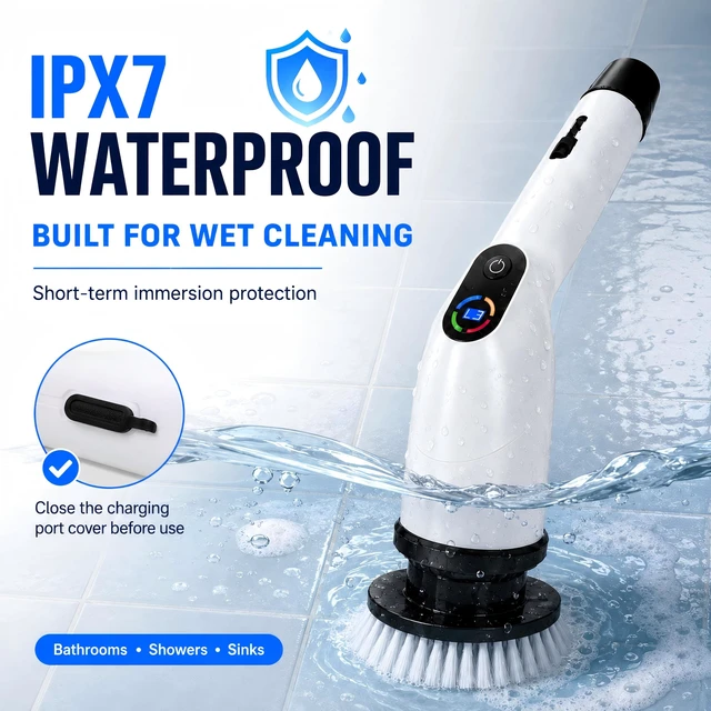 Alt view image 7 of 7 - Electric Spin Scrubber,2026 Upgraded Cordless Power Scrubber for Bathroom | High Torque Motor, 8 Brush Heads, 3 Speeds, Long Handle, IPX7 Waterproof, 120 Min Runtime for Shower, Tile & Grout Cleaning
