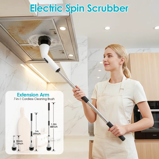Alt view image 4 of 7 - Electric Spin Scrubber for Bathroom,Power Cleaning Brush with 7 Replaceable Brush Heads, Adjustable Long Handle, Cordless Electric Shower Scrubber for Home, Floor, Kitchen & Car