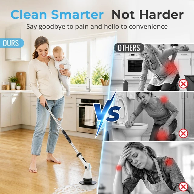 Alt view image 2 of 7 - Electric Spin Scrubber, 3 Speeds 8 Heads Bathroom Cleaning Brush | 6-Angle Adjustable Head, 54" Extendable Handle, IPX6 Waterproof, Cordless, Shower Cleaner Brush for Tub Grout Tile Floor Car