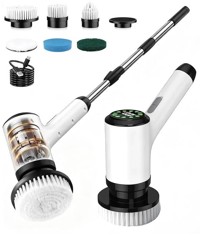 Main image of Electric Spin Scrubber, Cordless 6-in-1 Power Scrubber with 2-Speed & Adjustable Long Handle, IPX7 Waterproof Cleaning Brush for Bathroom Tile Tub, Car, Kitchen Sink Stovetop, White-la1