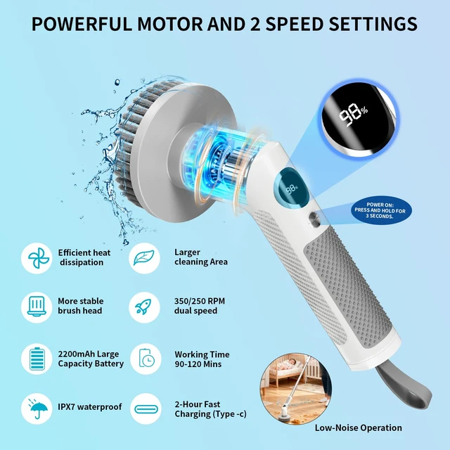 Alt view image 2 of 7 - Electric Spin Scrubber Cordless IPX7 Waterproof Electric Scrubber | Cleaning Brush Bathroom Scrubber with 6 Brush Heads, Extendable Long Handle Power Scrubber for Bathtub Floor