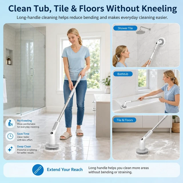 Alt view image 5 of 7 - Electric Spin Scrubber Cordless IPX7 Waterproof Electric Scrubber | Cleaning Brush Bathroom Scrubber with 6 Brush Heads, Extendable Long Handle Power Scrubber for Bathtub Floor
