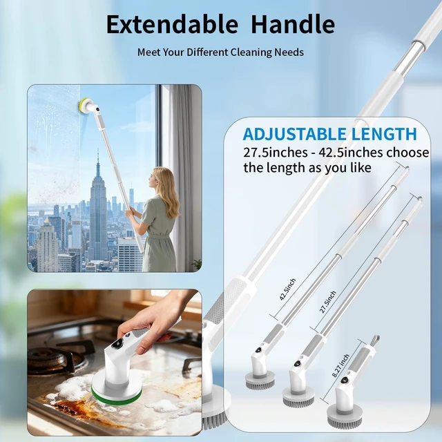 Alt view image 7 of 7 - Electric Spin Scrubber Cordless IPX7 Waterproof Electric Scrubber | Cleaning Brush Bathroom Scrubber with 6 Brush Heads, Extendable Long Handle Power Scrubber for Bathtub Floor