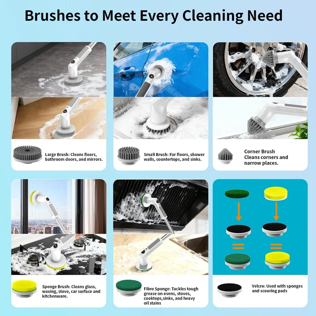Alt view image 4 of 7 - Electric Spin Scrubber Cordless IPX7 Waterproof Electric Scrubber | Cleaning Brush Bathroom Scrubber with 6 Brush Heads, Extendable Long Handle Power Scrubber for Bathtub Floor