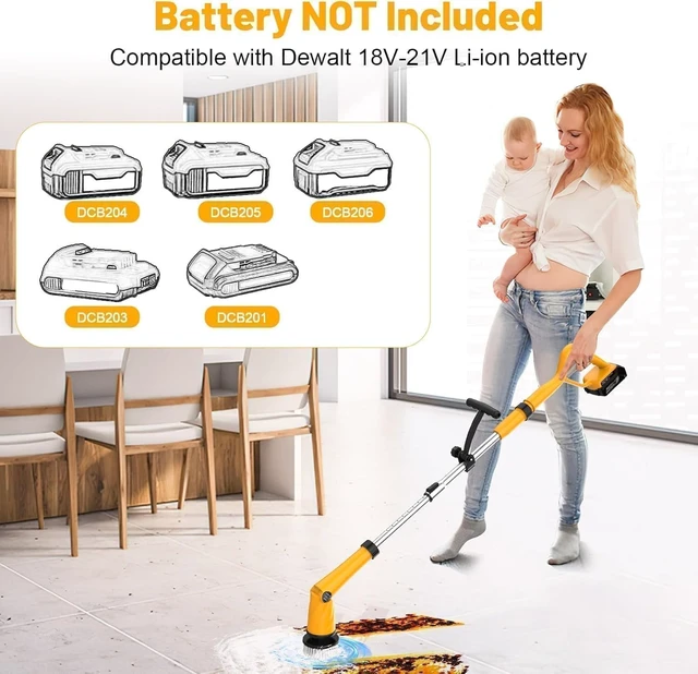 Alt view image 2 of 7 - 1500 RPM Electric Spin Scrubber for DeWalt 20V Battery, Power Shower Scrubber for Bathroom/Floor/Bathtub/Toilet/Tile,Electric Cleaning Brush with Long Handle & 8 Replaceable Brush (Yellow)