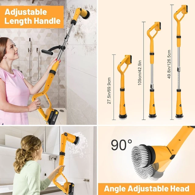 Alt view image 3 of 7 - 1500 RPM Electric Spin Scrubber for DeWalt 20V Battery, Power Shower Scrubber for Bathroom/Floor/Bathtub/Toilet/Tile,Electric Cleaning Brush with Long Handle & 8 Replaceable Brush (Yellow)