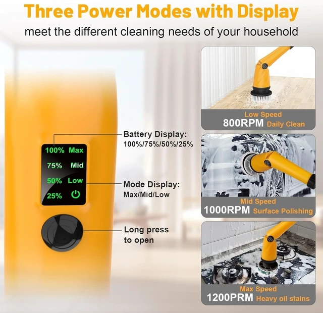 Alt view image 4 of 7 - 1500 RPM Electric Spin Scrubber for DeWalt 20V Battery, Power Shower Scrubber for Bathroom/Floor/Bathtub/Toilet/Tile,Electric Cleaning Brush with Long Handle & 8 Replaceable Brush (Yellow)